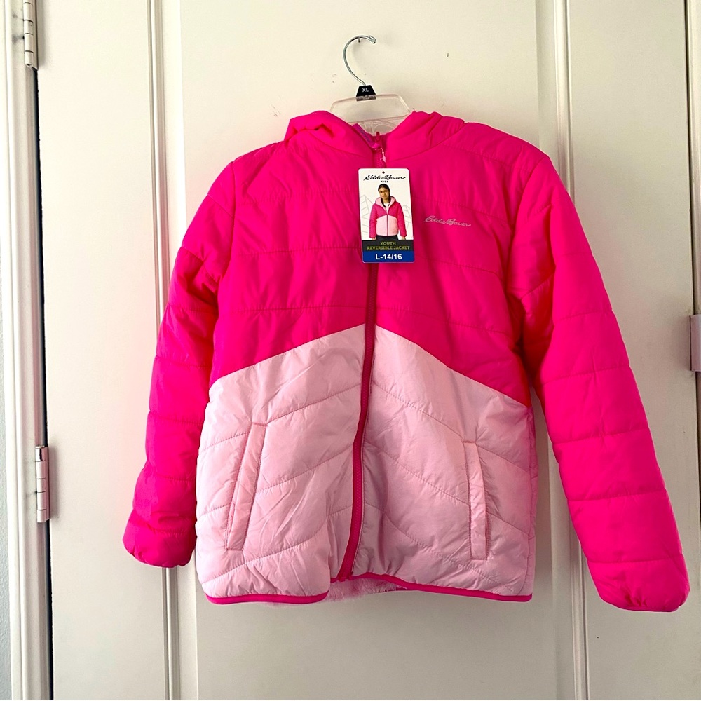 Girls Eddie Bauer reversible puff fleece jacket pink nwt size 14/16 kids large